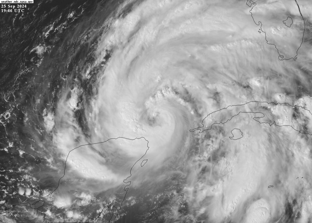 Hurricane Helene, 25 Sep 2024 19:46 UT, Image centered at Latitude= 22.77° N Longitude= 86.57° W (X=308 Y=272), GOES-East Wavelength: 0.64 µm Channel: 2 Resolution: 0.5 km